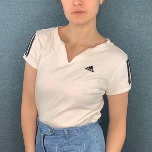2006 Adidas white v-neck tee with black piping